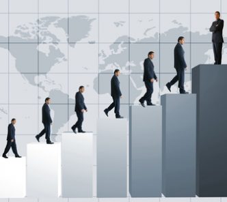 business men climbing a graph with one confident business man on top