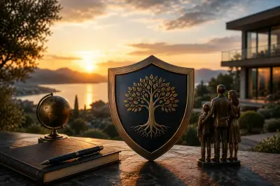 Escena simbólica con un escudo y una familia, representando protección patrimonial mediante un trustee independiente.