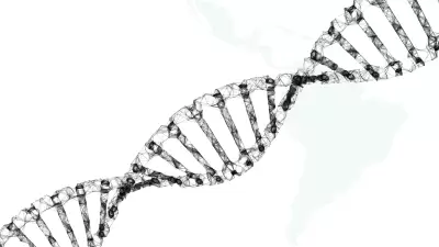 Representación gráfica de una doble hélice de ADN en un estilo de líneas interconectadas, sobre un fondo claro, con un sutil contorno de América del Sur y Central.