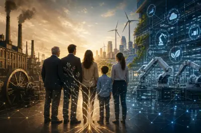 Familia entre referencias al pasado industrial y al futuro digital, simbolizando la transición de empresas familiares hacia nuevas revoluciones tecnológicas.