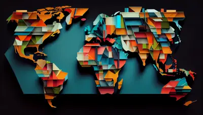 Mapa mundial abstracto de colores, representando patrimonios y familias distribuidos entre distintas jurisdicciones.
